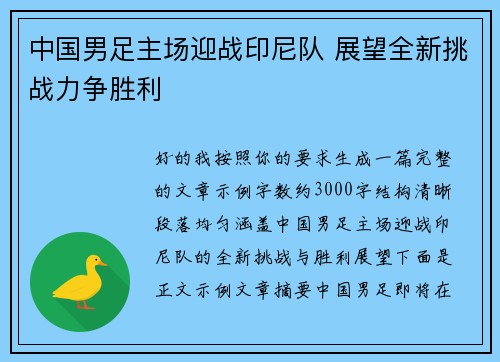 中国男足主场迎战印尼队 展望全新挑战力争胜利