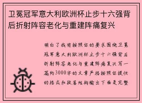 卫冕冠军意大利欧洲杯止步十六强背后折射阵容老化与重建阵痛复兴